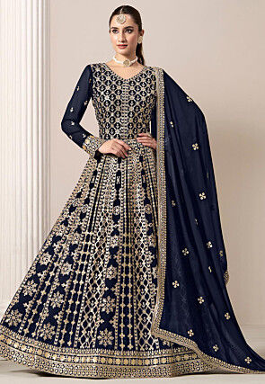 Embroidered Georgette Abaya Style Suit in Navy Blue