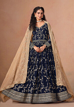 Embroidered Georgette Abaya Style Suit in Navy Blue