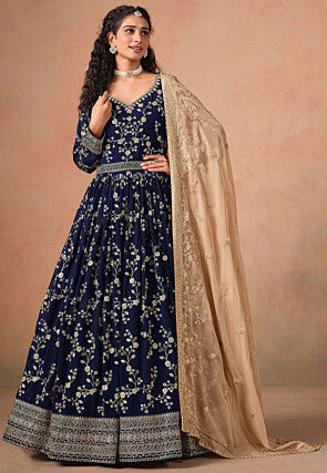 Embroidered Georgette Abaya Style Suit in Navy Blue