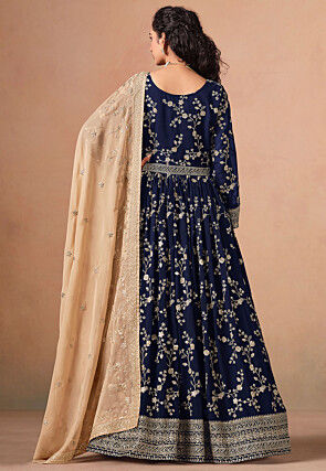 Embroidered Georgette Abaya Style Suit in Navy Blue