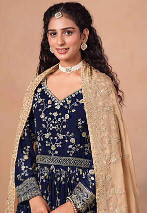 Embroidered Georgette Abaya Style Suit in Navy Blue