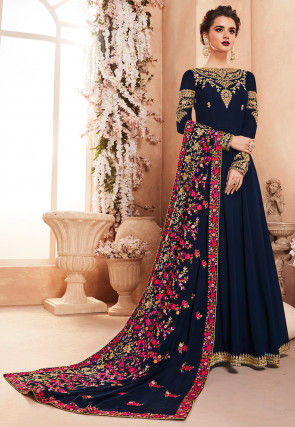 Embroidered Georgette Abaya Style Suit in Navy Blue