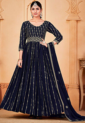 Embroidered Georgette Abaya Style Suit in Navy Blue