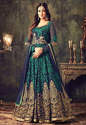 Embroidered Georgette Abaya Style Suit in Navy Blue