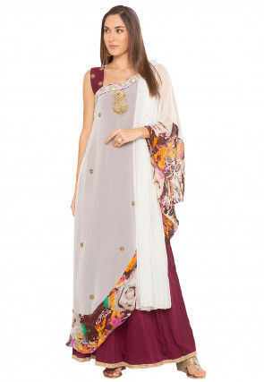 Embroidered Georgette Abaya Style Suit in Off White and Wine