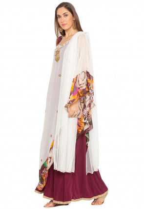 Embroidered Georgette Abaya Style Suit in Off White and Wine