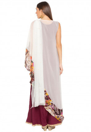 Embroidered Georgette Abaya Style Suit in Off White and Wine