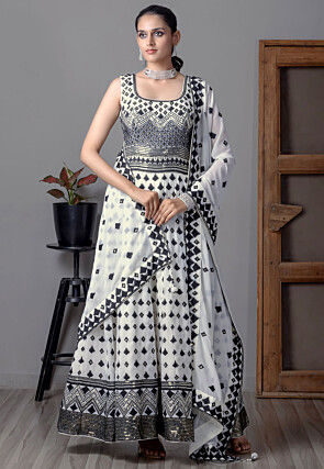 Embroidered Georgette Abaya Style Suit in Off White