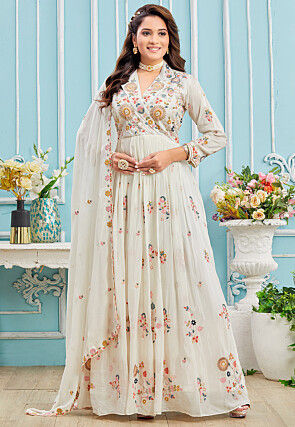 Embroidered Georgette Abaya Style Suit in Off White