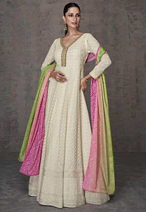 Embroidered Georgette Abaya Style Suit in Off White