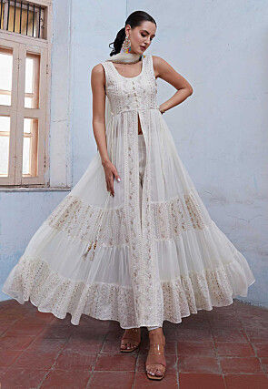 Embroidered Georgette Abaya Style Suit in Off White