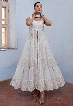 Embroidered Georgette Abaya Style Suit in Off White