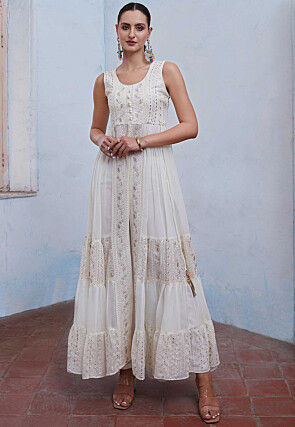 Embroidered Georgette Abaya Style Suit in Off White
