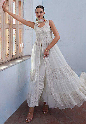 Embroidered Georgette Abaya Style Suit in Off White