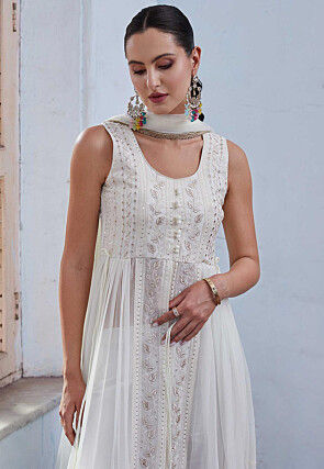 Embroidered Georgette Abaya Style Suit in Off White