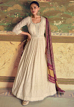 Embroidered Georgette Abaya Style Suit in Off White