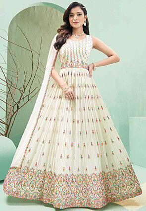 Embroidered Georgette Abaya Style Suit in Off White