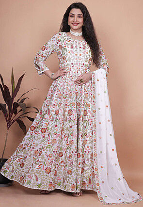 Embroidered Georgette Abaya Style Suit in Off White