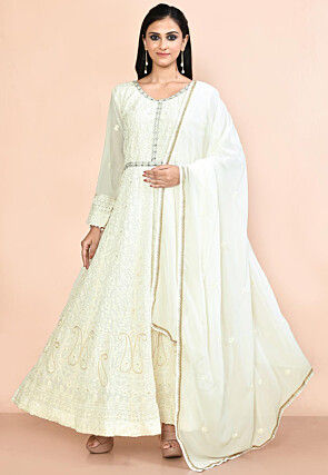 Embroidered Georgette Abaya Style Suit in Off White