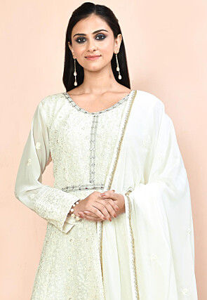Embroidered Georgette Abaya Style Suit in Off White