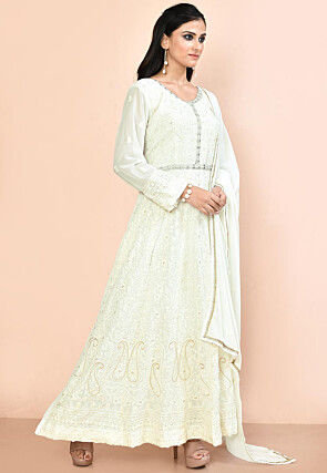 Embroidered Georgette Abaya Style Suit in Off White