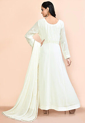 Embroidered Georgette Abaya Style Suit in Off White
