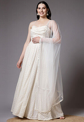 Embroidered Georgette Abaya Style Suit in Off White
