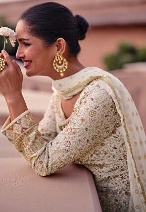 Embroidered Georgette Abaya Style Suit in Off White