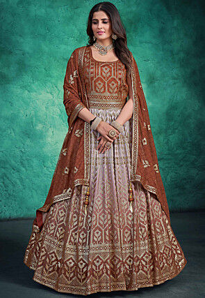 Embroidered Georgette Abaya Style Suit in Old Rose and Brown