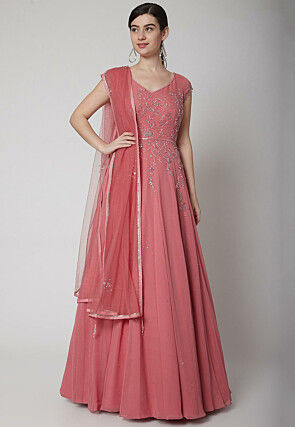 Embroidered Georgette Abaya Style Suit in Old Rose