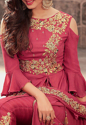 Embroidered Georgette Abaya Style Suit in Old Rose