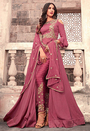 Embroidered Georgette Abaya Style Suit in Old Rose