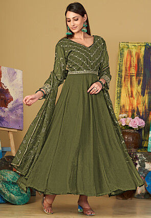 Embroidered Georgette Abaya Style Suit in Olive Green
