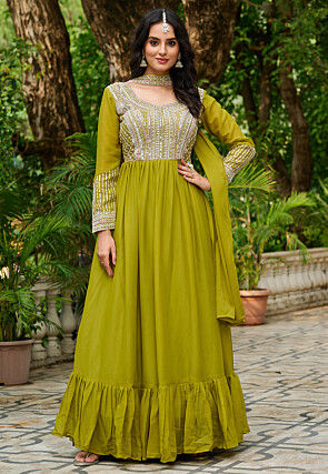 Embroidered Georgette Abaya Style Suit in Olive Green