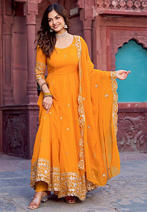 Embroidered Georgette Abaya Style Suit in Orange