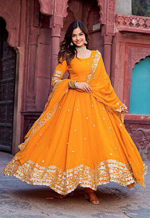 Embroidered Georgette Abaya Style Suit in Orange