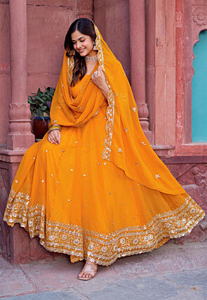 Embroidered Georgette Abaya Style Suit in Orange