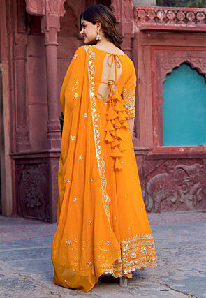 Embroidered Georgette Abaya Style Suit in Orange