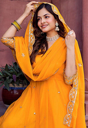 Embroidered Georgette Abaya Style Suit in Orange