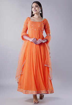 Embroidered Georgette Abaya Style Suit in Orange