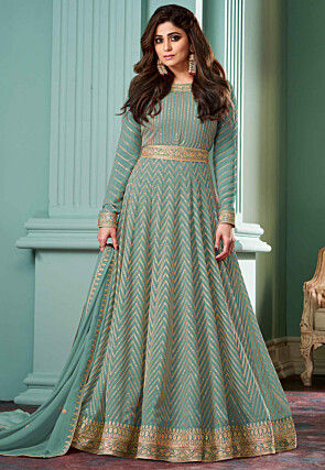 Embroidered Georgette Abaya Style Suit in Pastel Blue
