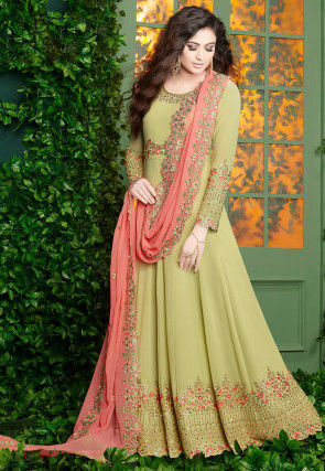 Embroidered Georgette Abaya Style Suit in Pastel Green