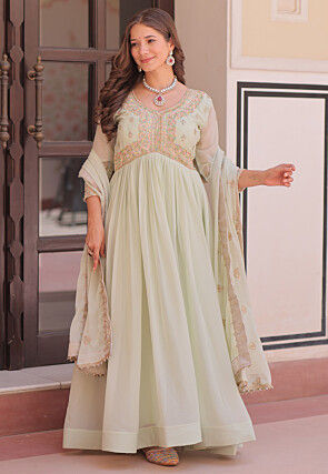 Embroidered Georgette Abaya Style Suit in Pastel Green