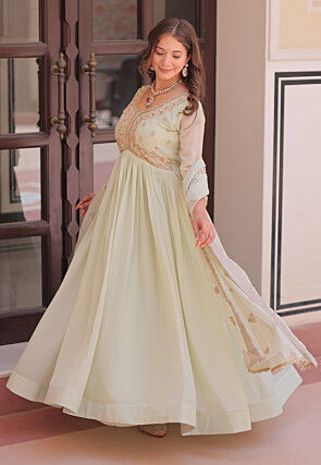 Embroidered Georgette Abaya Style Suit in Pastel Green