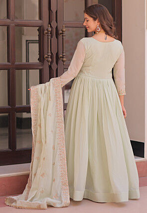 Embroidered Georgette Abaya Style Suit in Pastel Green