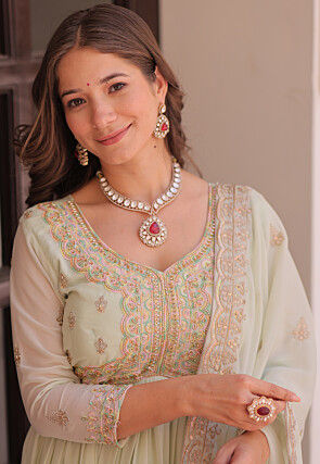 Embroidered Georgette Abaya Style Suit in Pastel Green