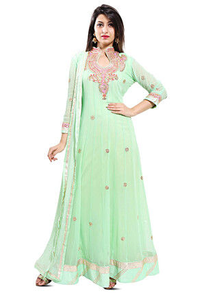 Embroidered Georgette Abaya Style Suit in Pastel Sea Green