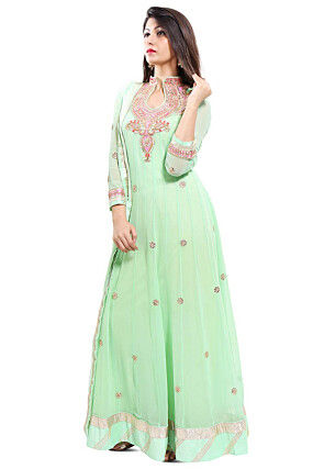 Embroidered Georgette Abaya Style Suit in Pastel Sea Green
