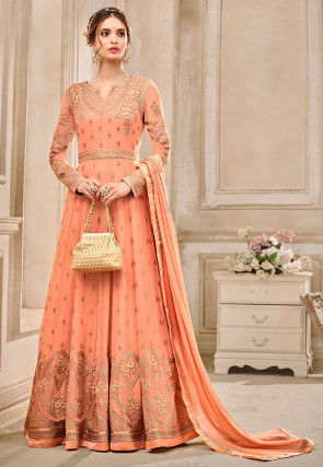 Embroidered Georgette Abaya Style Suit in Peach