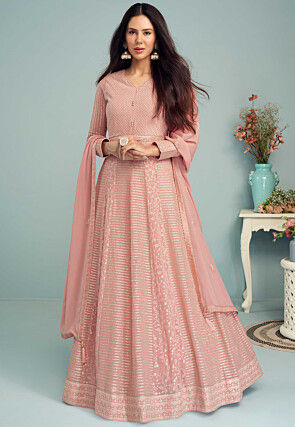 Embroidered Georgette Abaya Style Suit in Peach